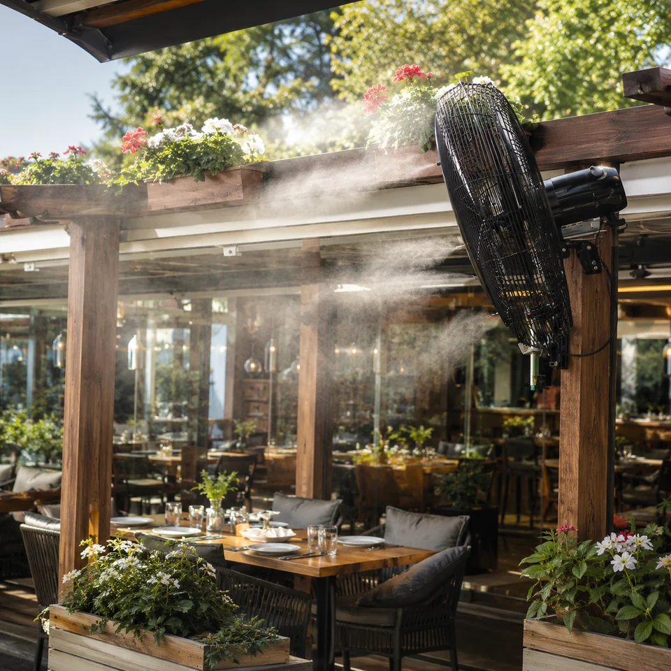 Kafe ve restoran açık alan serinletme uygulaması Kafe ve restoran açık alan serinletme uygulaması